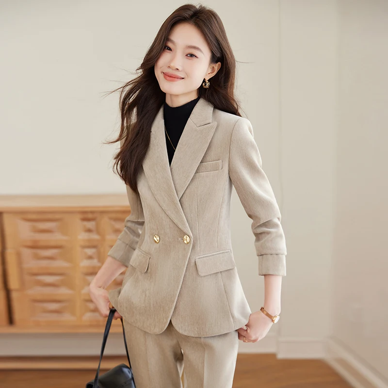 

NAVIU женский элегантный костюм-двойка с длинным рукавом, тонкий двубортный пиджак и брюки, офисный наряд, модная повседневная рабочая одежда