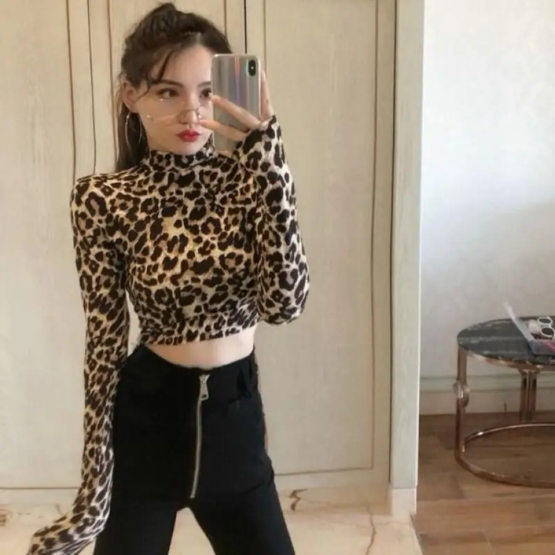 

Принцесса с леопардовым узором Kawaii, модный топ для девочек, сексуальная повседневная футболка с короткими рукавами и высоким воротом, новая весенне-осенняя одежда, новинка