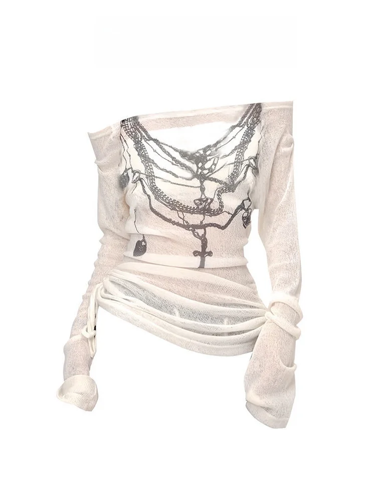 Y2K Spicy Girl One-Shoulder Cover-Up T-Shirt Women's Autumn Semi-Transparent Long Sleeve Design Slimming Drawstring Sun Prote...