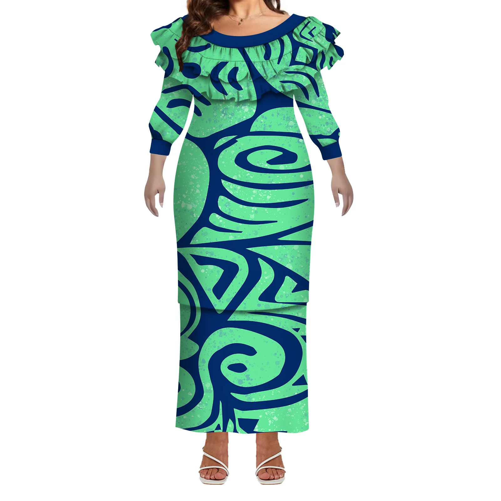 Vestido feminino polinésio, confortável e casual, camada dupla, babados, manga média, feito sob medida, pulôverasi, vestido justo