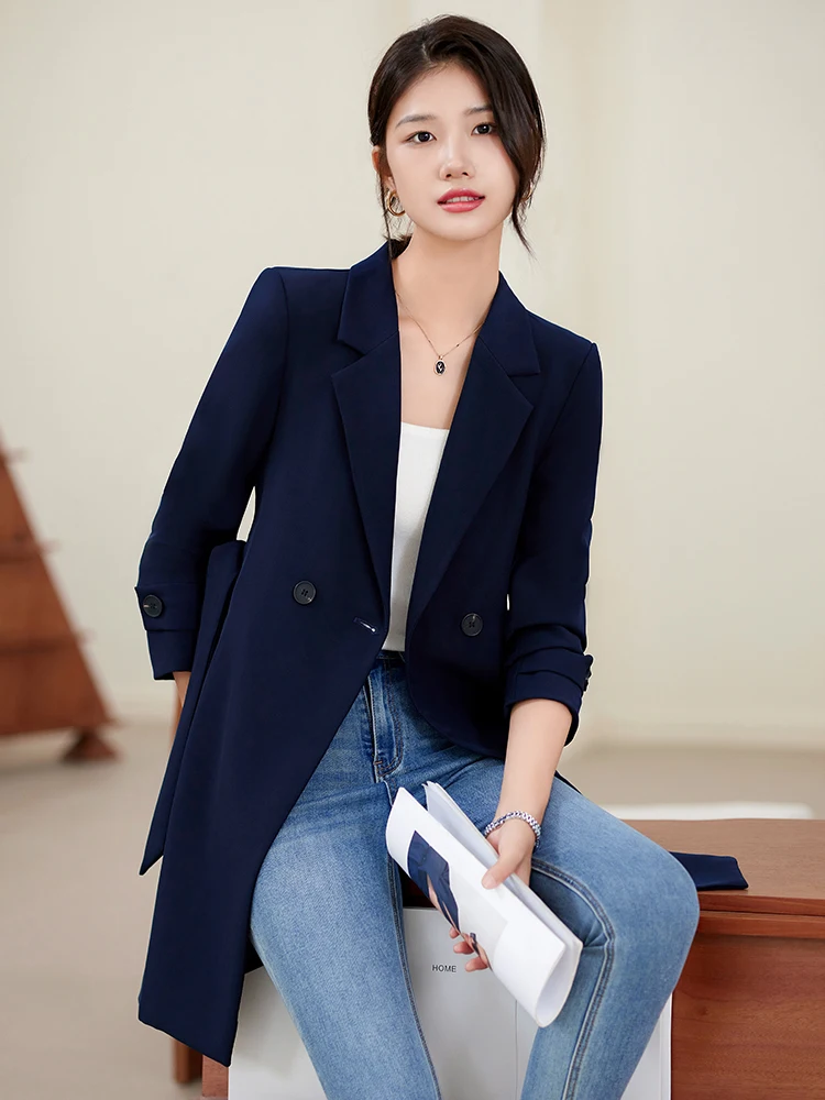 Trench Coat for Women 2023 Solid Office Lady Fashion Double Breasted Jacket Fall Winter Elegant Turn Down Collar Coat