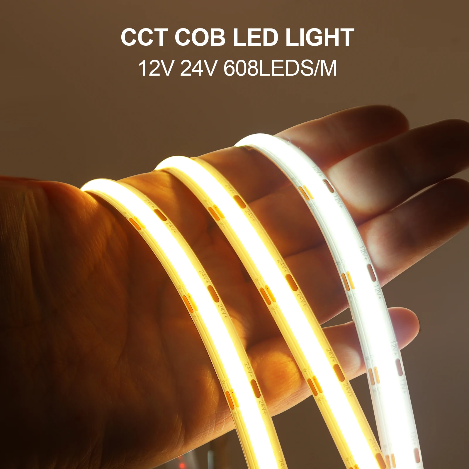 CCT COB LED Strip Lights 12V 24V Flexible Dimmable FOB Diode Tape Ribbon 2700K to 6500K Changeable RA90 Linear Lighting