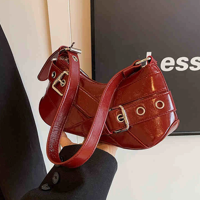 

Red Light Luxury Underarm Bag Personalized Women's Versatile PU Handbag French Texture Cool Girls Motorcycle Shoulder Bags