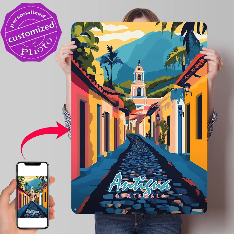 Antigua Guatemala Street Personalized 3D Textured Metal Poster Wall Art Tinplate Sign for Vintage Decor Luxury Decoration Home