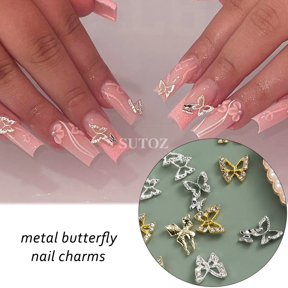 3D Papillon Nail Charms Or Argent Métal Papillon Strass Pendentif Pièces D'ongle Y2K Conception Diamants Manucure Décor GL6G-COH