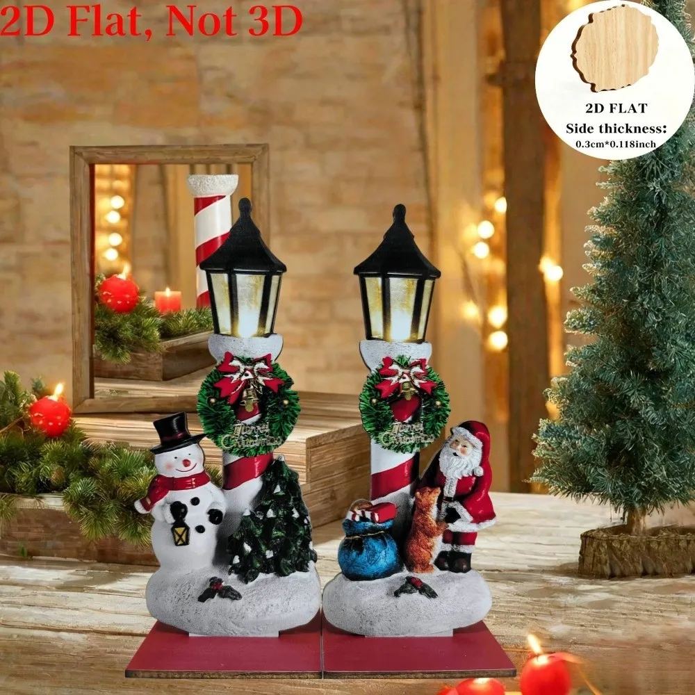 2Pcs 2D Flat Santa Wooden Tabletop Ornament Snow Scene Wreath Street-lamp Snowman Xmas Decor Stable Base Vintage