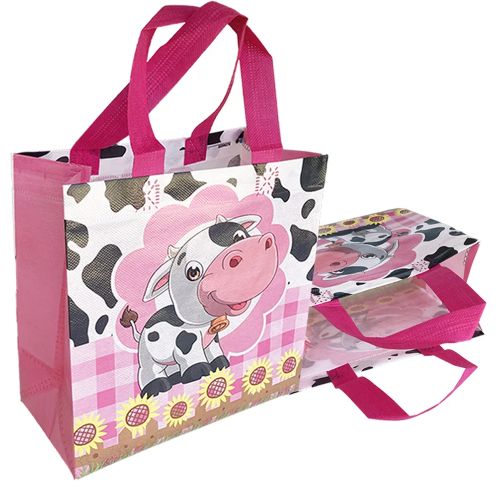 

4 Pcs Cow Party Pink Cow Non woven Bag Cow Print Gifts Bags with Handles Farm Animals Themed Goodie Treat Candy Bag Shopping Bag