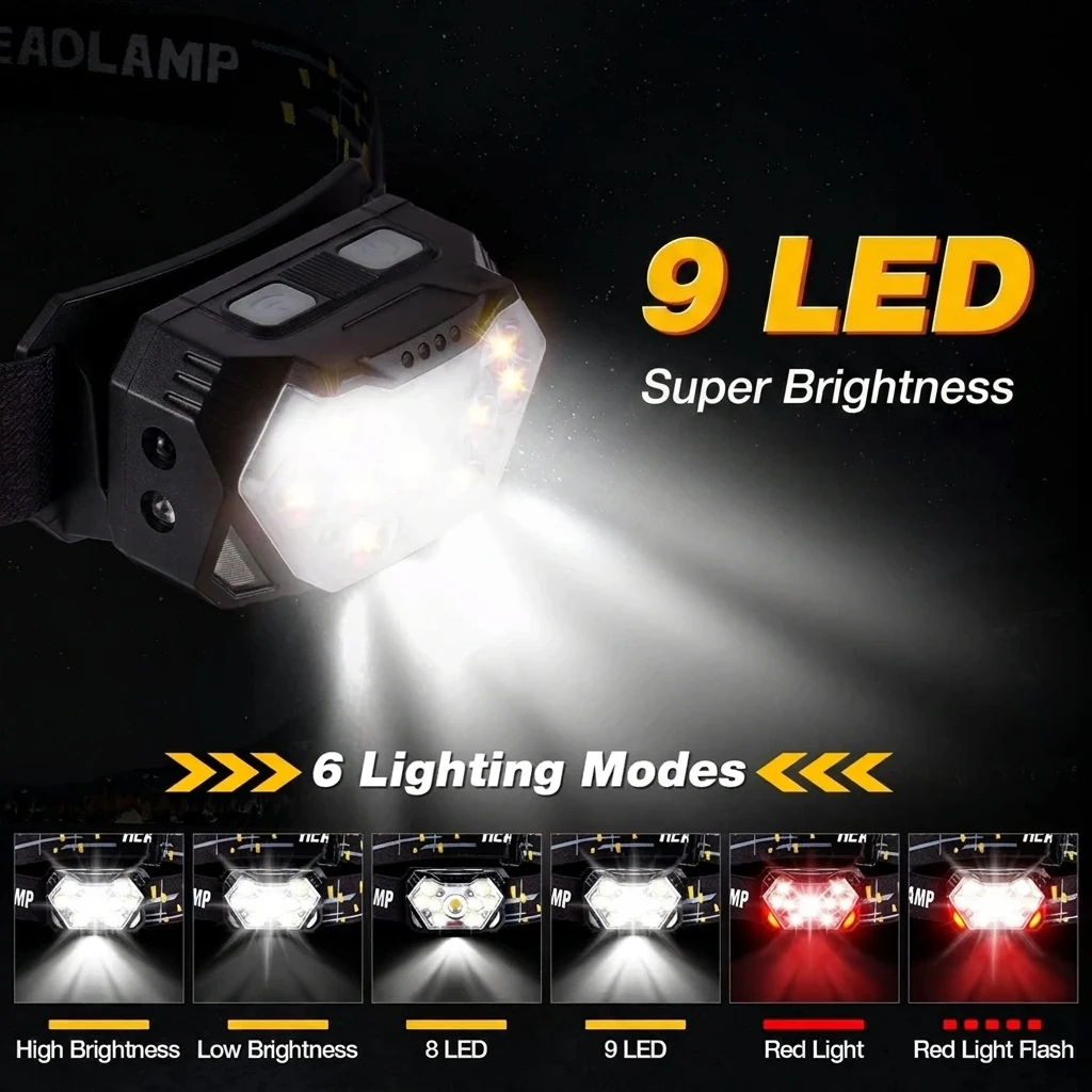 9 Led Strong Light Headlamp Motion Sensor Headlight Rechargeable Head Flashlight 10 Lighting Mode Waterproof for Outdoor Camping