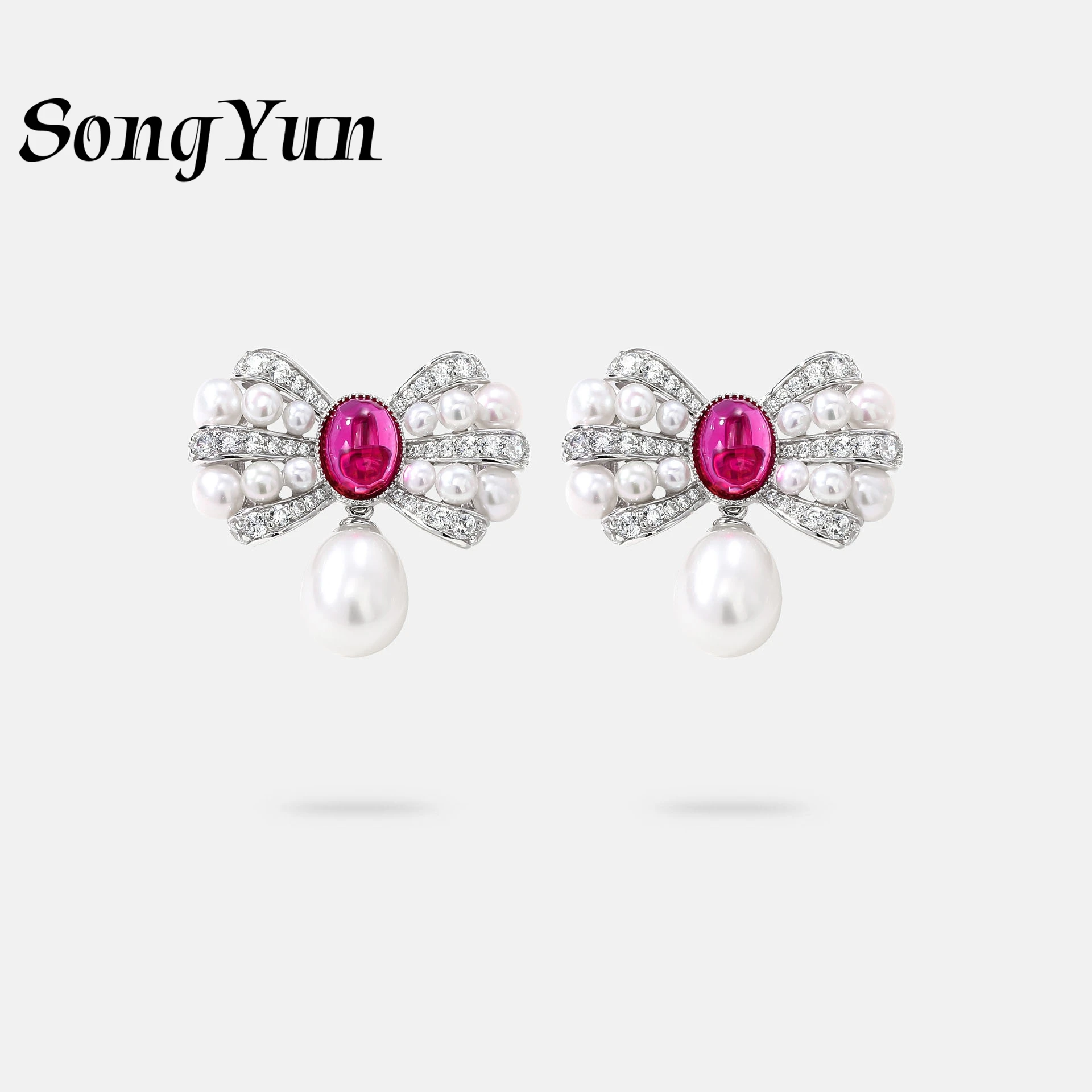 

SongYun Jewelry 925 Sterling Silver Bowknot Stud Earrings Designer HCD Ruby Gemstones Love s925 Pearl Earrings Accessories