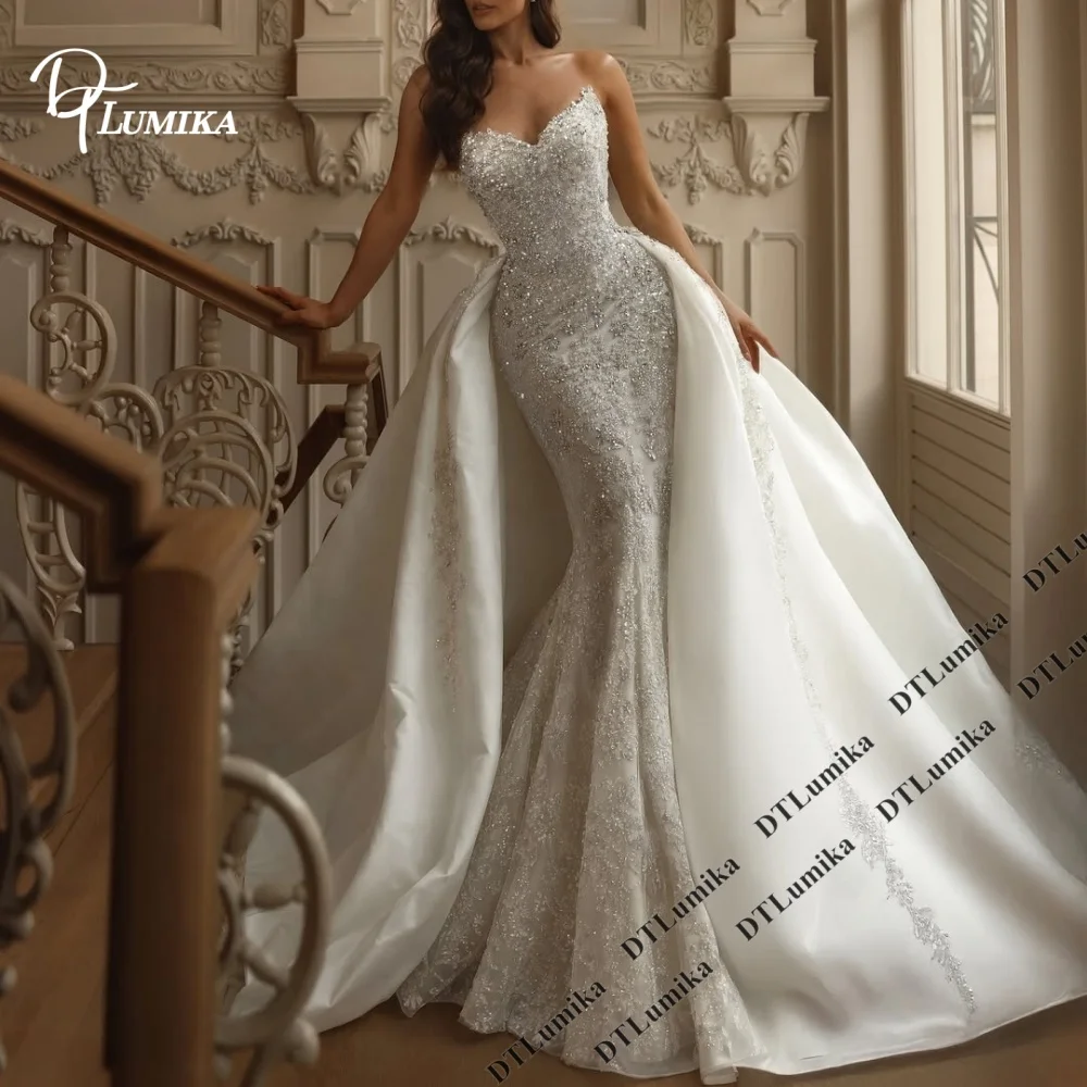 DTLumika Two-in-One Mermaid Bridal Gown Strapless Crystals Embroidery Corset Detachable Glossy Satin Train Luxury Bridal Gown