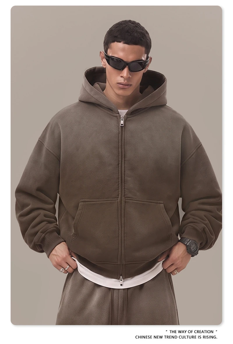 ZODF Retro Winter 400gsm Monkey Washed Fleece Zipper Hoodie Unisex Boxyfit Distressed High Street Hooded Jackets Outwears HY1330