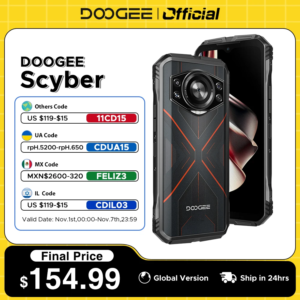 

Прочный телефон DOOGEE S Cyber, 8 ГБ + 256 ГБ, 6,58 дюйма, 90 Гц, IPS-экран, 10800 мАч, большой аккумулятор, 50 МП, основная камера с искусственным интеллектом, Android 14