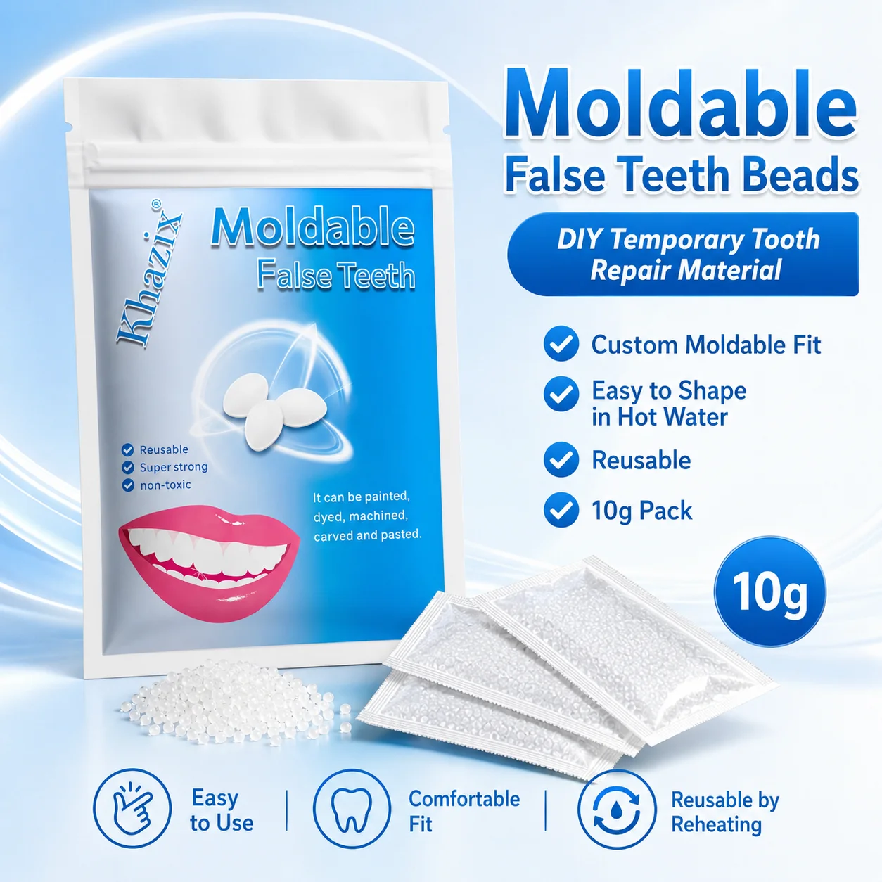 10g Temporary Teeth Beads DIY Cosmetic Smile Fix Moldable White Beads Easy to Shape for Natural-Looking Teeth