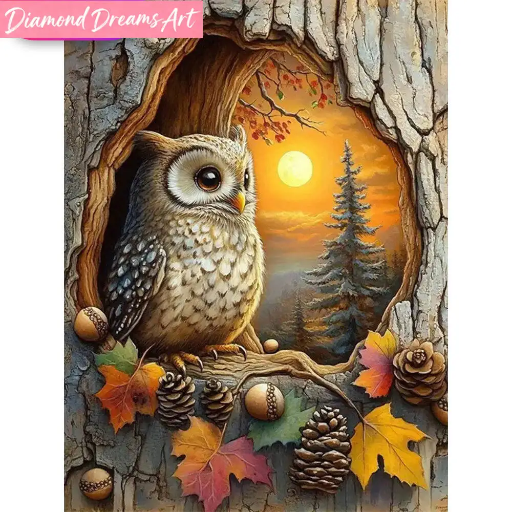 Rahmenloses Diamant-Malerei-Set: Eule, Tier, Vogel, DIY, Vollquadrat/Rund, Diamant-Mosaik, Sonnenuntergang, Bastelset, Wanddekoration