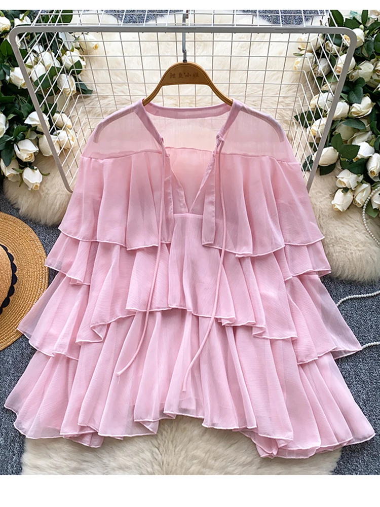 

European American Retro Mesh Blouse for Women's Autumn Fashion with Loose Ruffle Edges Unique Temperament Trendy Shirt Top S8