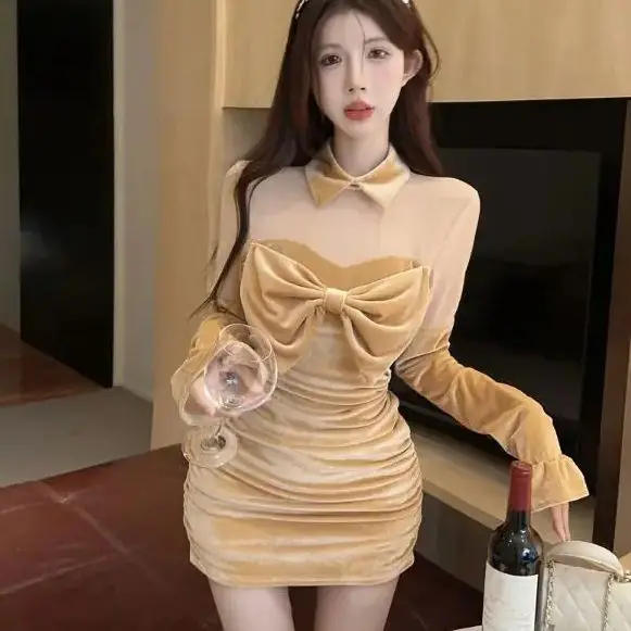 

Bow Velvet Dress 2024 Autumn Winter New Pure Lust Style New Year Atmosphere Banquet Shirt Bottoming Skirt