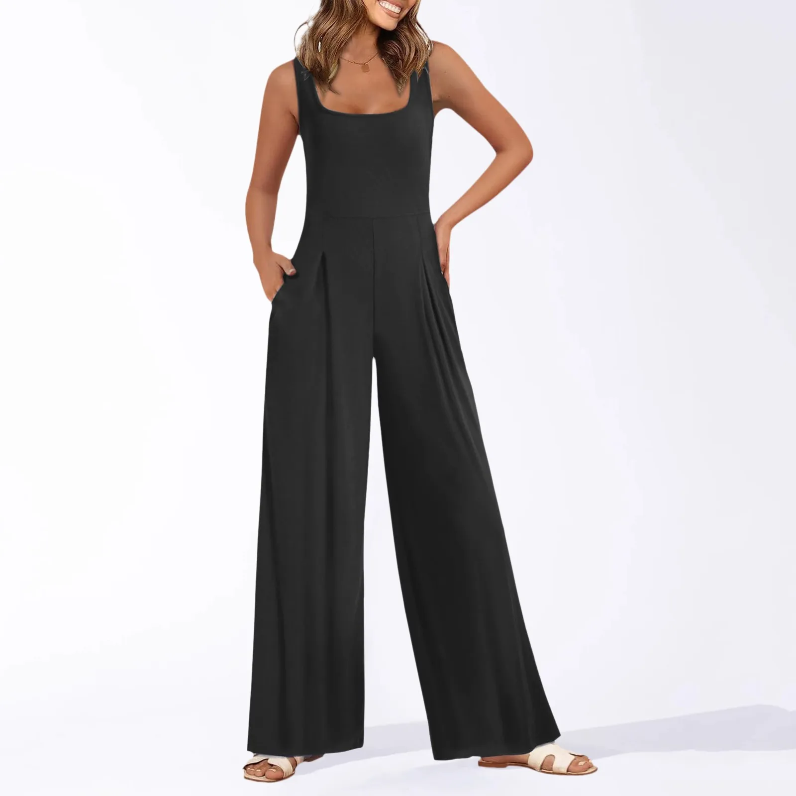 

Women's Square Neck Ribbed Jumpsuit Wide Leg Jumpsuit Rompers Sleeveless High Waist Pants Rompers With Pockets For 2024 Summer