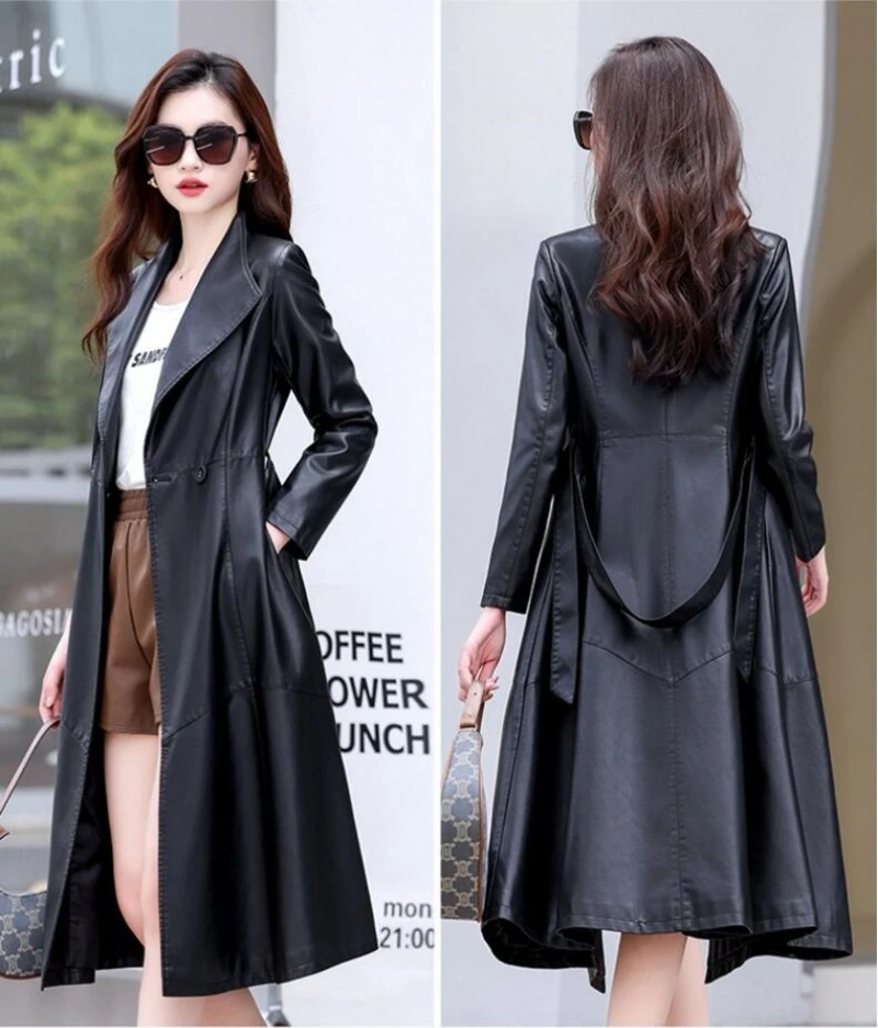 New Autumn Winter Long blue Black Soft Sheepskin Leather Trench Coat for Women Belt Skirted Elegant Luxury Fashion M-5xL