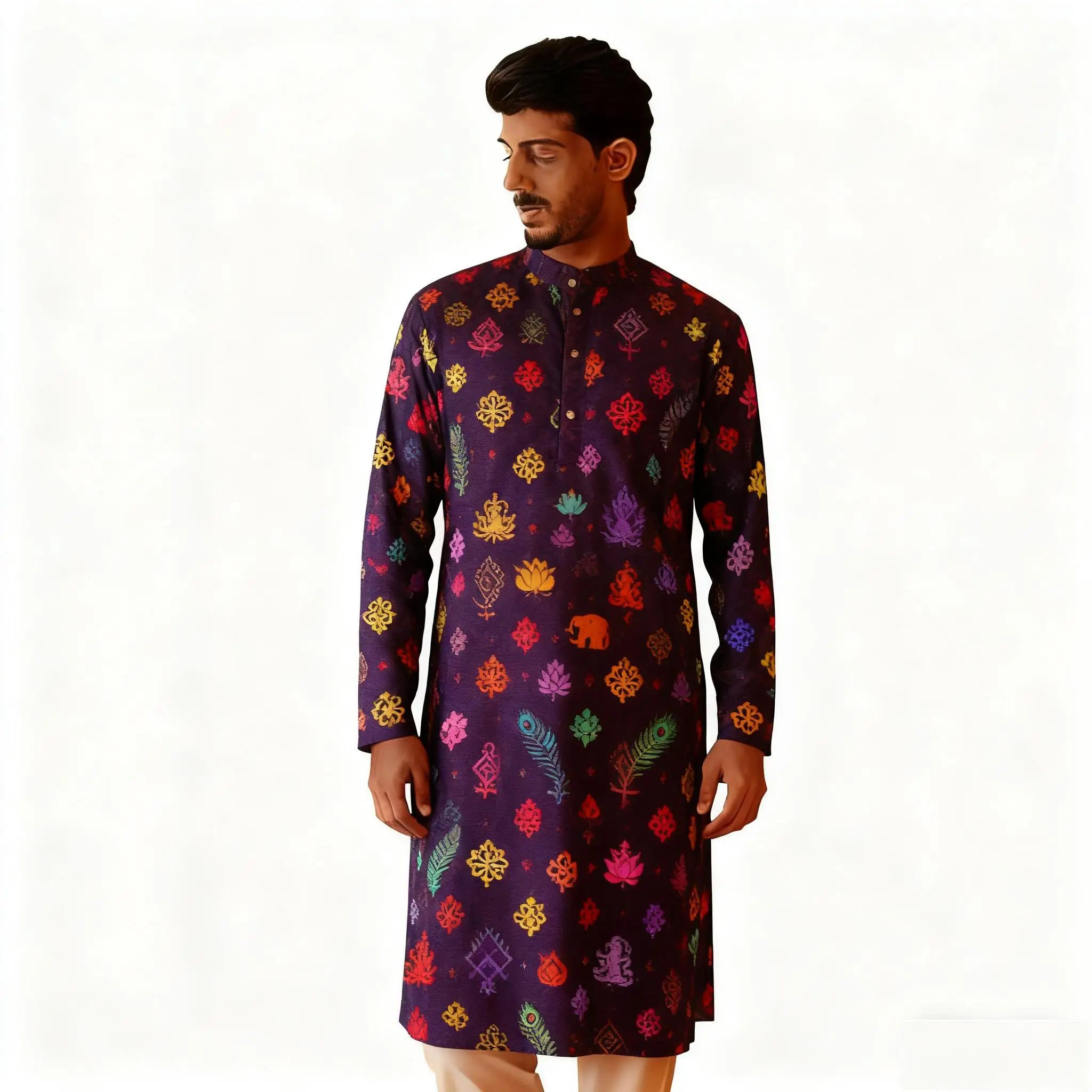 新メンズデジタルプリントクルタヴァルダレギュラーフィットマンダリンカラーロング丈あらゆる場面に適したジャバドールモロッコ男性ムスリム男性