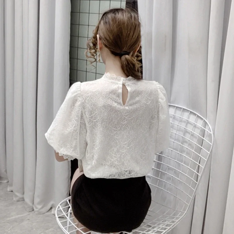 Women Summer Casual Blouses 2024 Elegant Korean Fashion Clothes Lace Shirts White Balck Ladies Vintage Puff Sleeve Tops Mujer