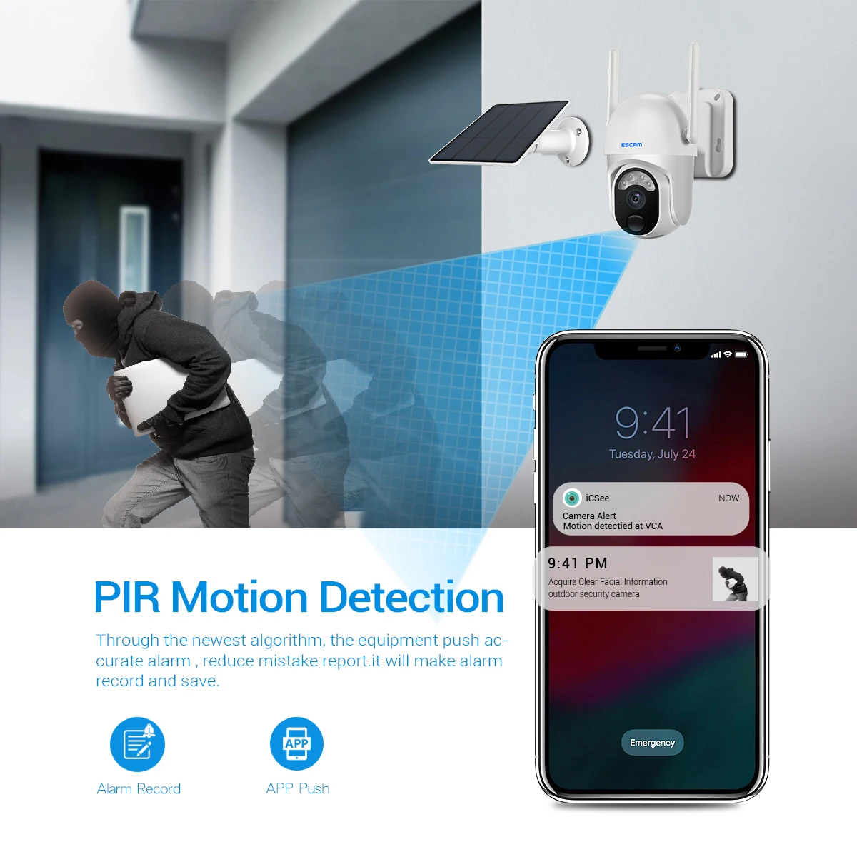ESCAM 3MP 1296P Ubox  APP Solar Power Wireless PTZ IP Camera AI Humanoid Alarm Full Color Auto Tracking Home Security Monitor