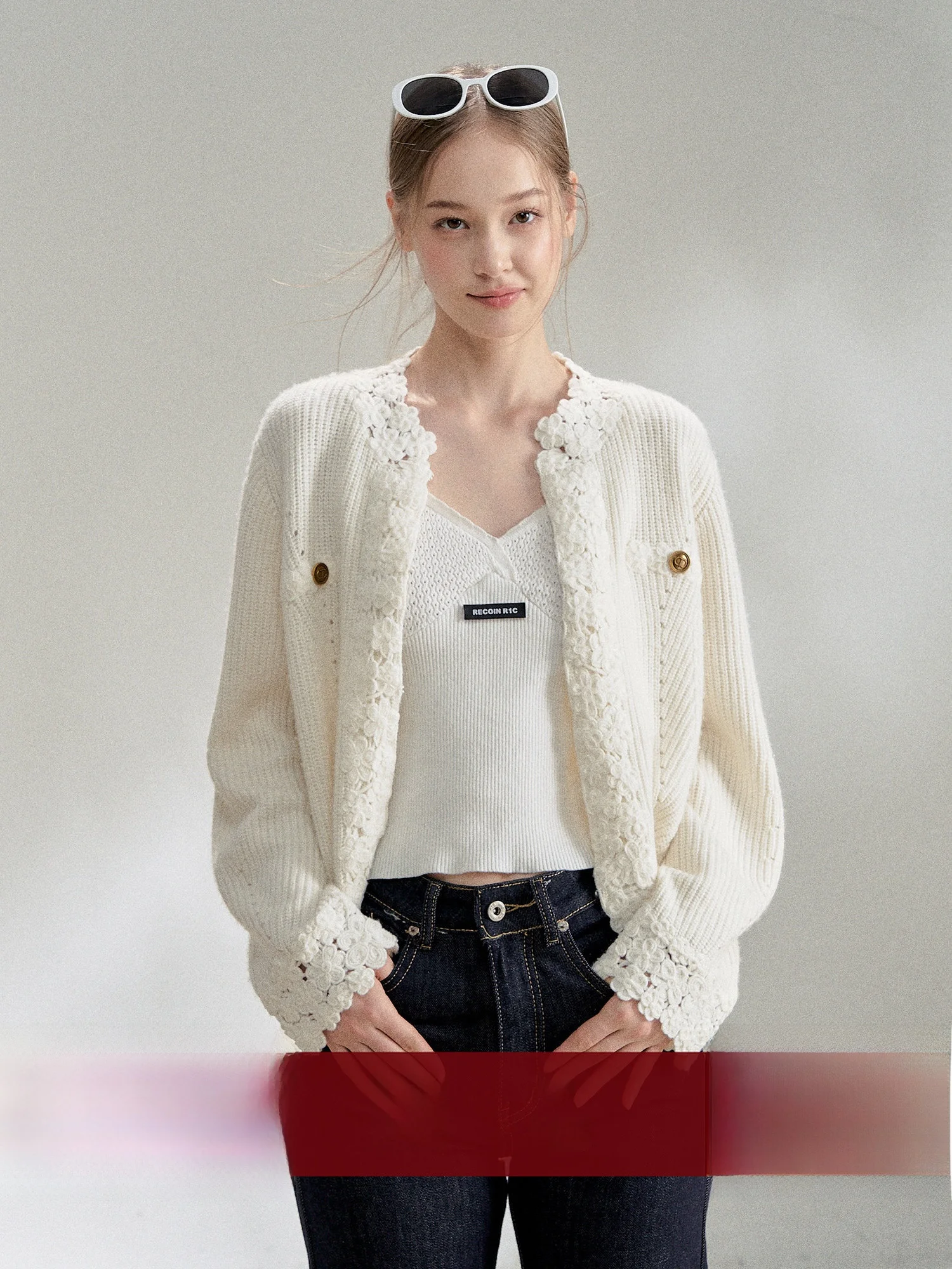 

RECOIN RC Lace Trim White Small Fraance Sle Knitted Sweater Coat Women Early Spring Open Cardigan Top Simple Straight Cut