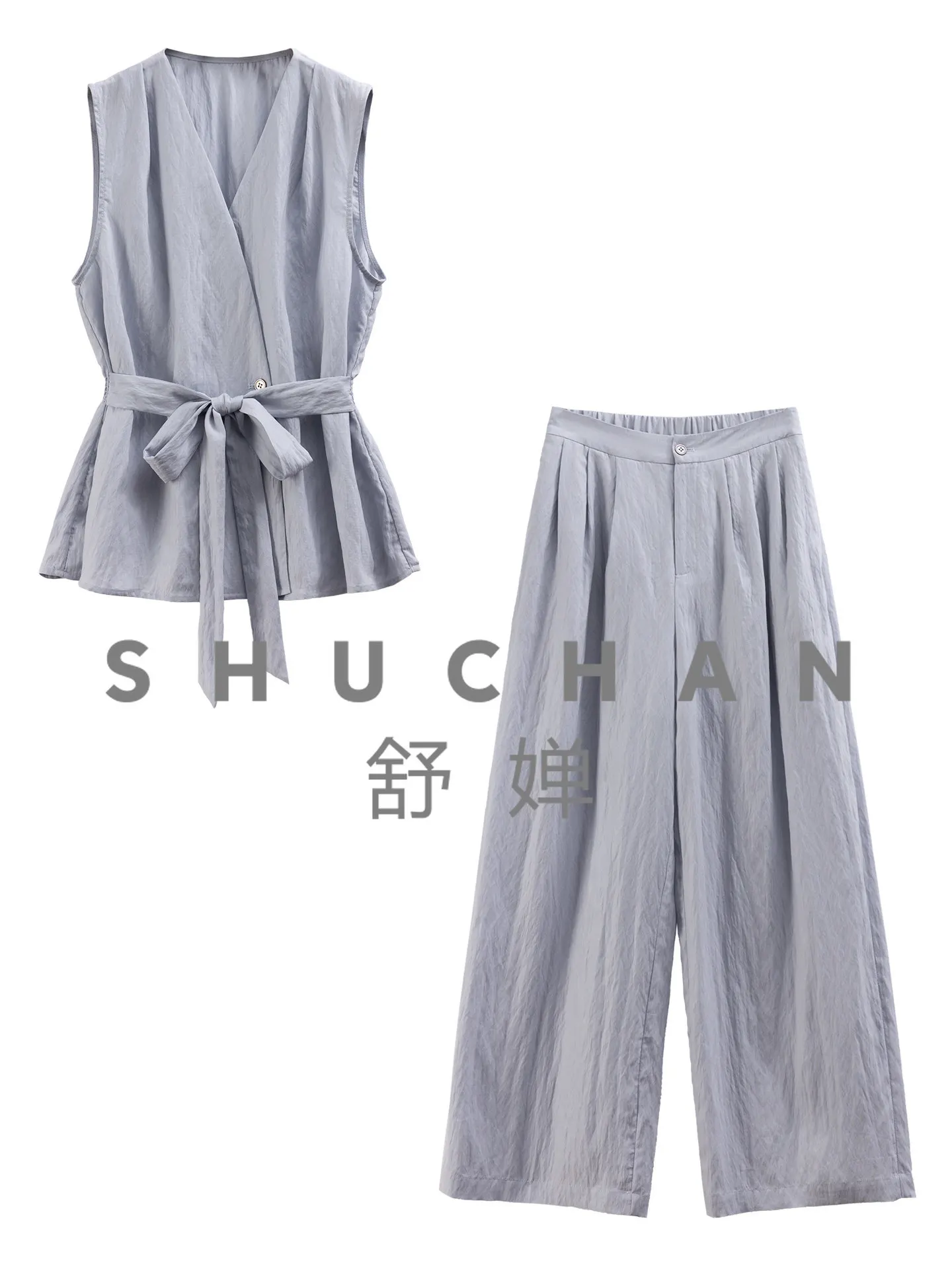Fog blue, French G waist V-neck sleeveless shirt + straight wide-leg pants set H women's 42G7 special