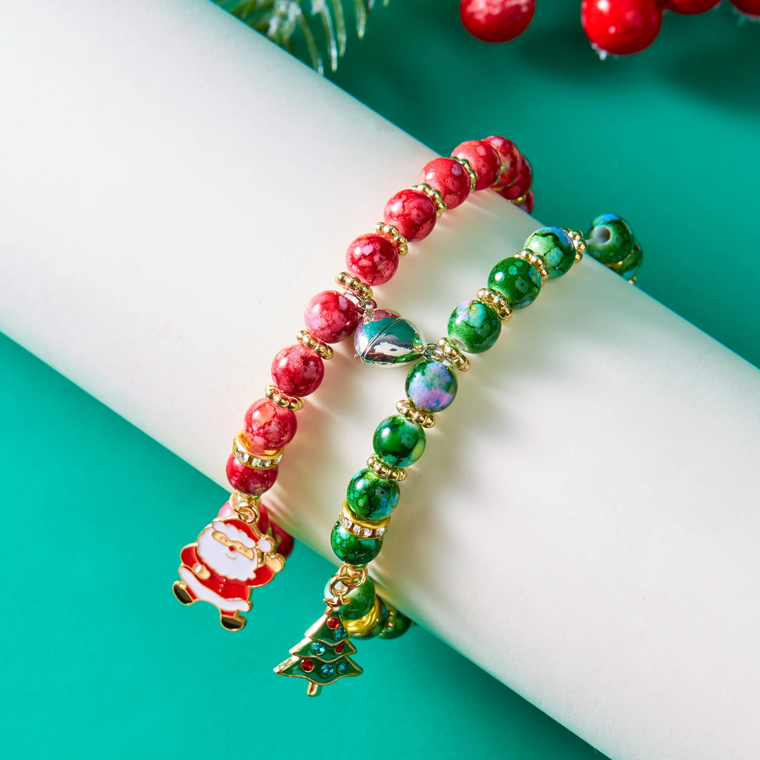 New Trend Christmas Couple Bracelets for Women Men Handmade Beaded Santa Claus Xmas Tree Bracelet Lovers Friendship Jewelry Gift