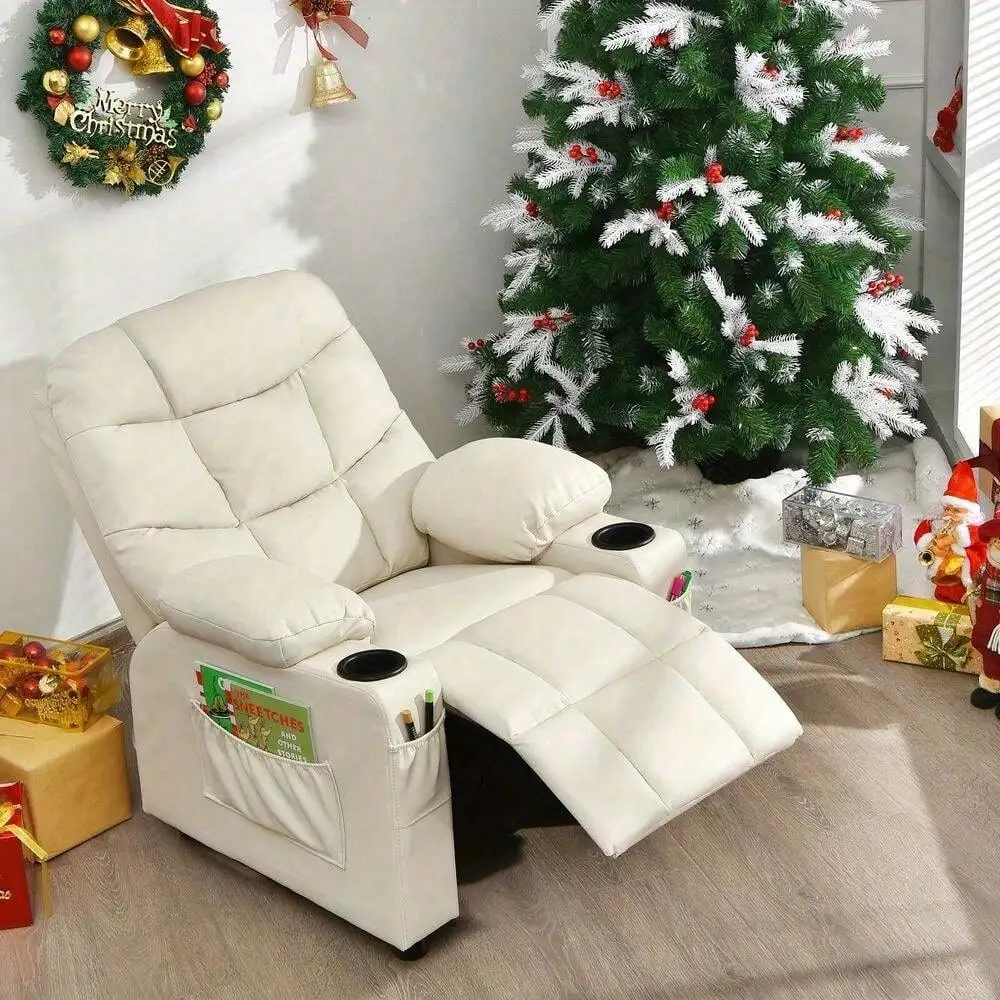 Kids Youth Recliner Chair PU Leather w/Side Pockets & Cup Holders