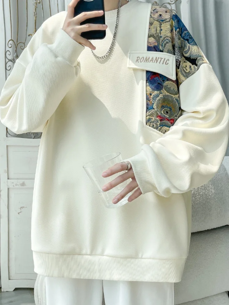 

Trendy Bear Patchwork round Neck Sweatshirt for Men Spring Autumn New Style Youth Casual Loose Fit Embroidered Jacket