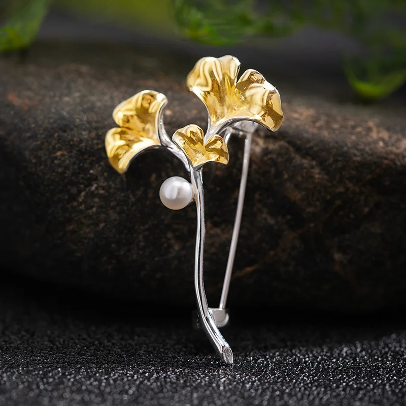 

Amxiu Sterling Silver 925 Design New Chinese Fashion Pearl Leaf Pin Creative Ginkgo Leaf Brooch Neck Pin