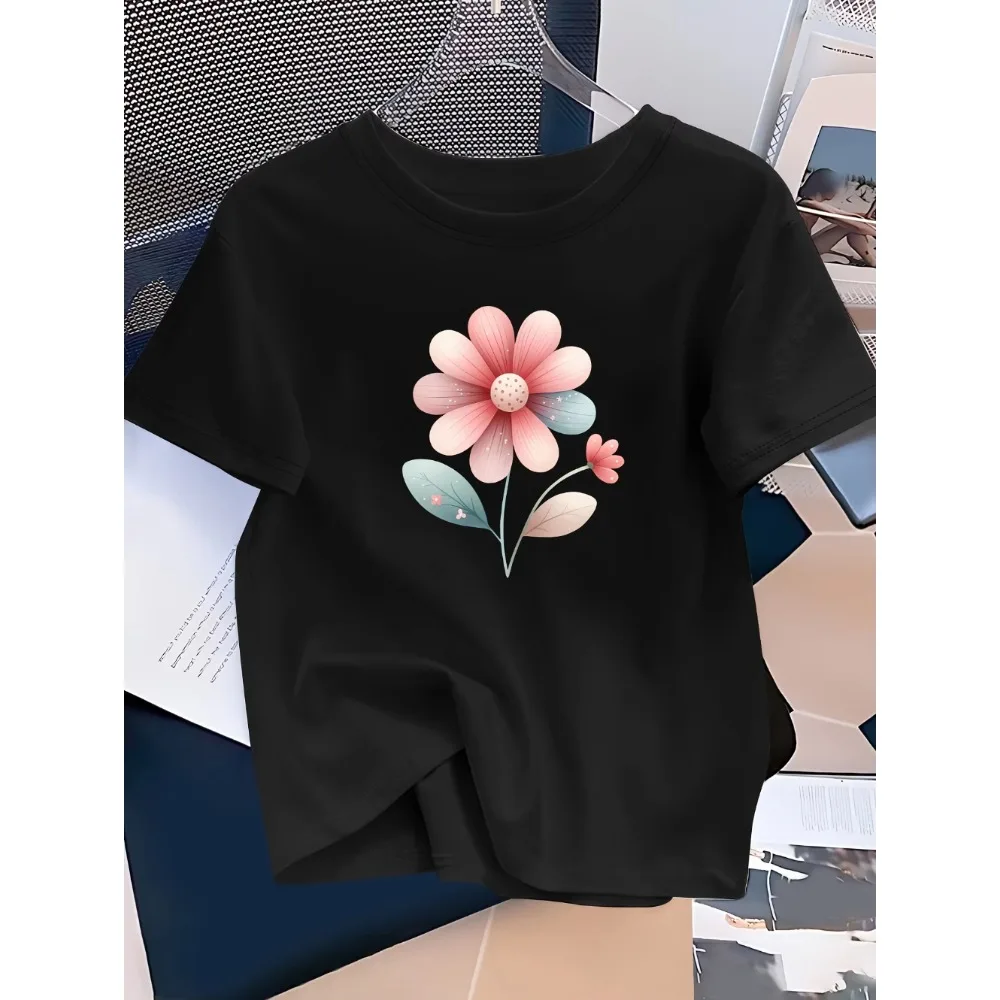 Men Women's Floral Print T-Shirt Pink and Blue Floral Pattern with Green Leaves Casual and Versatile Spring Summer Floral Print