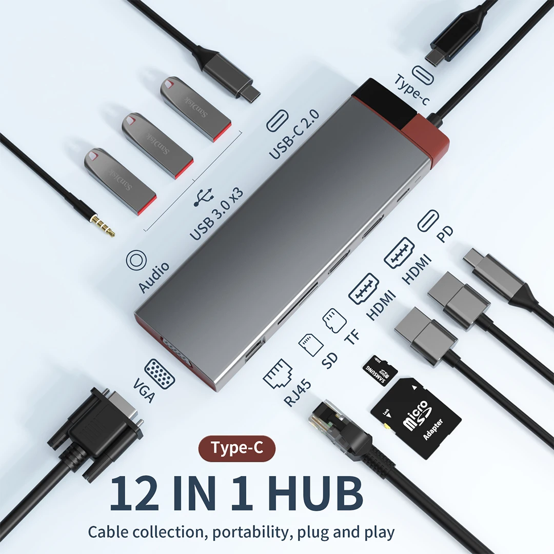 

12 in 1 Docking Station USB Hub 1000M RJ45 Ethernet HD 4K VGA Extension Tipo C Type PD100W Dock Concentrator Compatible with HDM