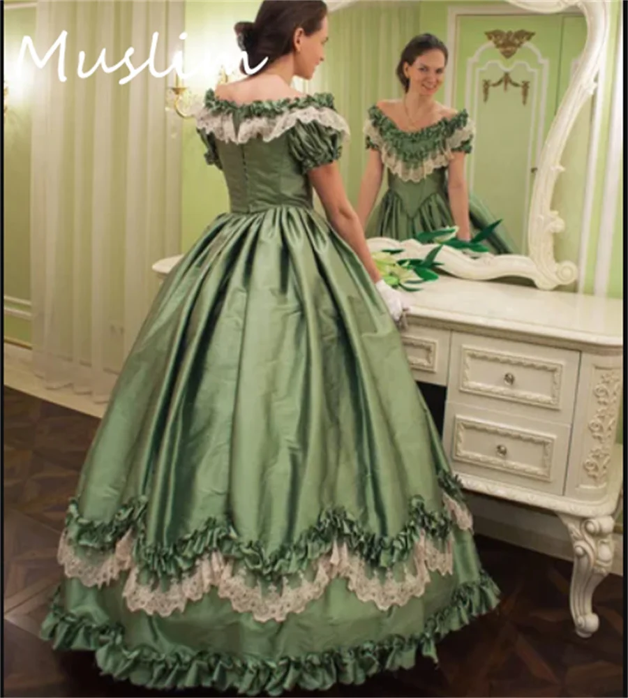 Vestido de noche medieval victoriano 2025, guerra civil, era verde, mascaradas, vestido de fiesta histórico italiano con hombros descubiertos, personalizado