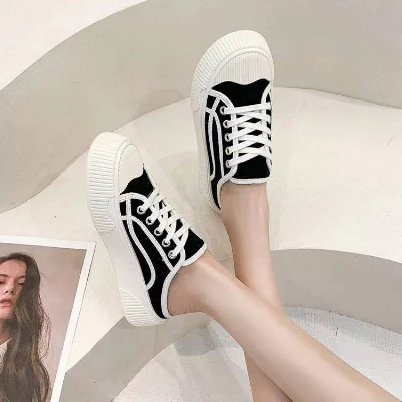 Summer 2024 Sneakers Sports Shoes Slides Women\'s Slippers and Ladies Sandals Cotton Green Platform Mules Thick Korea Style Trend