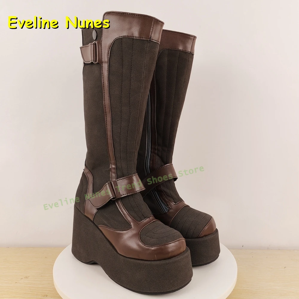 Platform Knit Patchwork Retro Boots Round Toe Wedge Mixed Colors Height Increasing Plus Size 35-50 Knee High Boots 2026 Trend