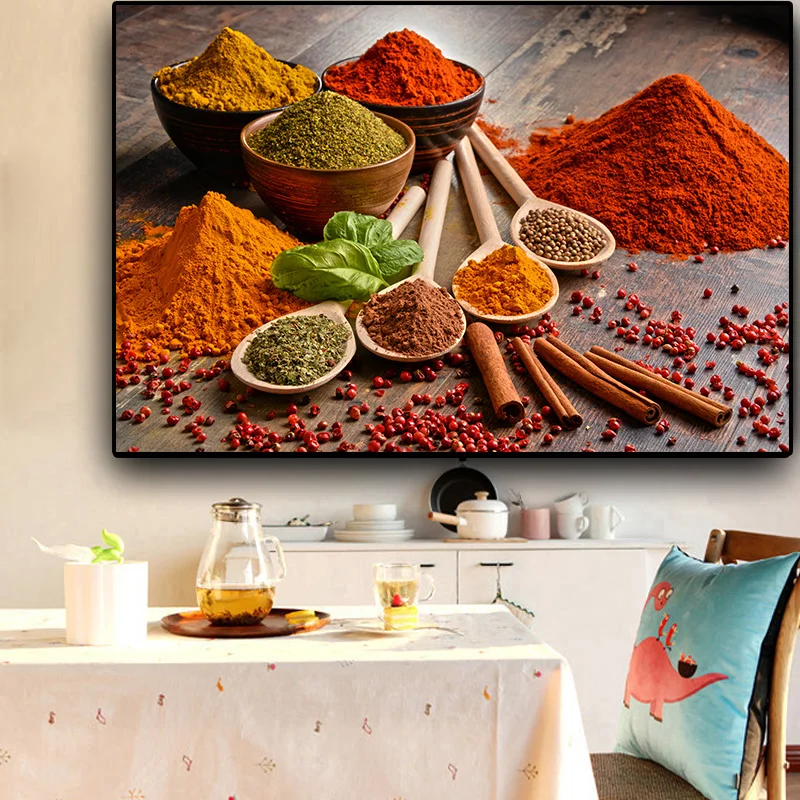 Colorful Grains Spices Spoon Kitchen Canvas Painting Wall Art Pictures Painting Wall Art for Living Room Home Decor (No Frame)