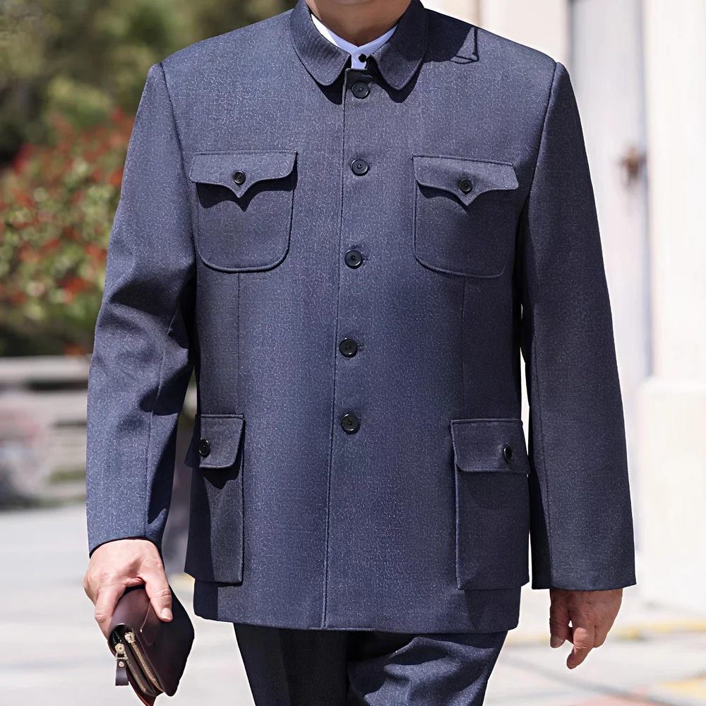 Men‘s Sun Yat-sen Suit Gray Zhongshan Jacket Chinese Mao Tunic Coat Male Classcial Outfits Mandarin Collared Attire Timeless