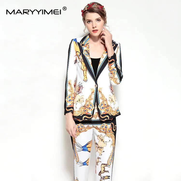 MARYYIMEI Autumn designer Women\'s Suit Long sleeved suit jacket+trousers Baroque vintage print Two-piece set