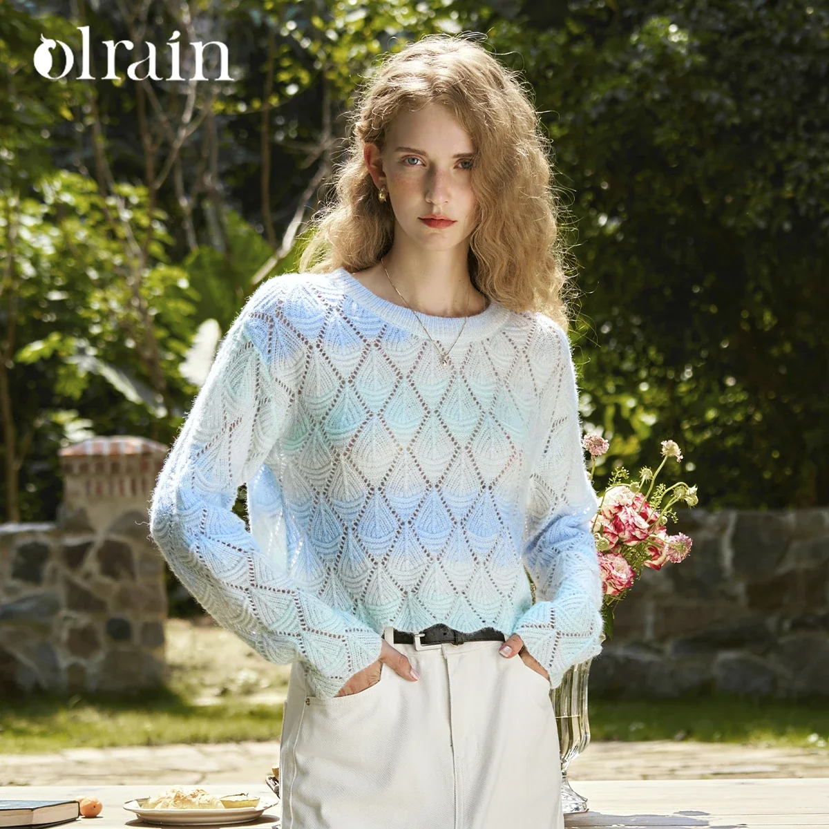 

OLrain Gradient Cropped Pullovers Women 2025 Autumn Fashion Wool Blend Sweater Hollow O-neck Long Sleeve Female Tops N56QZ93623