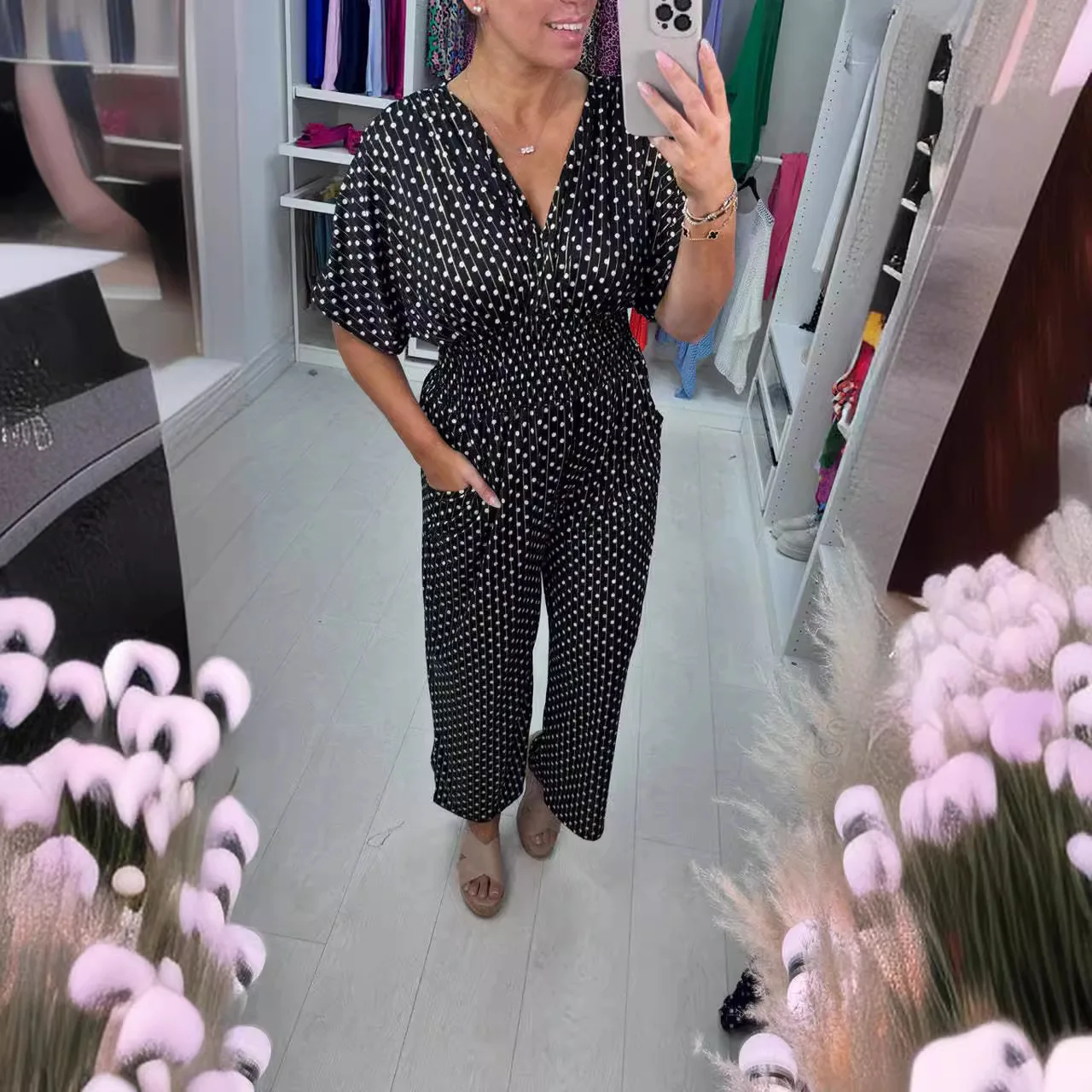 Elegante Sommer V-ausschnitt Sexy Dolman Ärmeln Taille Schlank Polka Dot Print Overall Casual Frauen Breite Bein Hosen Overall 2025