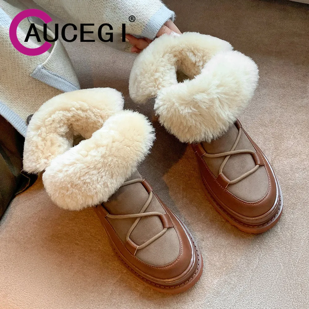 

Aucegi Russia Keep Warm Snow Ankle Boots Women Round Toe Fashion Genuine Leahter Square Heels Lace Up Slip On Casual Wild Shoes