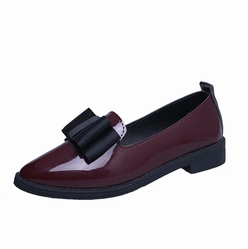 Primavera Outono Mulheres Sapatos Bowtie Mocassins de Couro das Mulheres Saltos Baixos Deslizamento No Calçado Feminino Dedo Apontado Salto Grosso