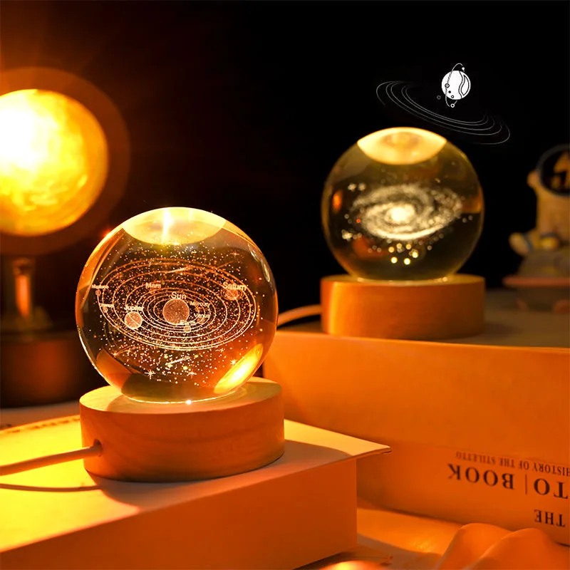 1Pc 6cm Crystal Ball Night Light Planet Laser Engraved  Birthday Gift Glass Sphere Home Desktop Decoration with Wooden USB Base