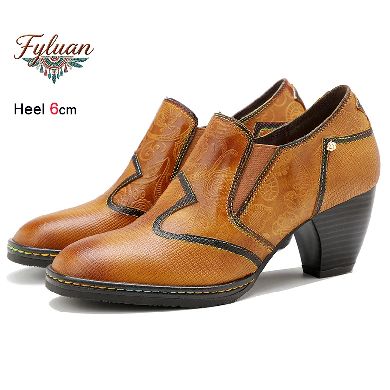 

New Fashion Spring Autumn Brown Women's Shoes Thick Heels 6cm Print Splicing Stitching Shallow Mouth Ladies Pumps Bohemian Shoes