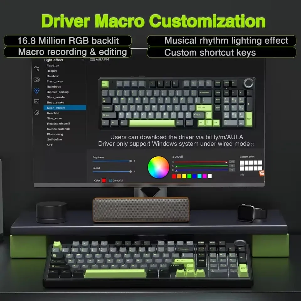 AULA F99PRO Gaming Mechanical Keyboard 99 Key Three Mode Wireless Hot Swappable Gasket Structure Custom Keyboard with Media Knob