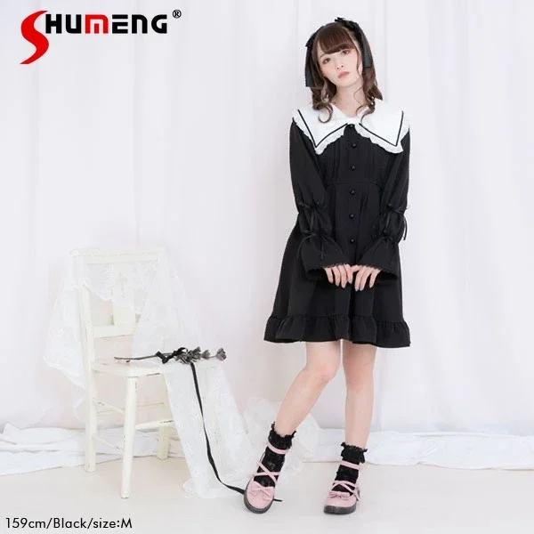 

Rojita Cute Midi Dress 2023 Fall New Japanese Style Elegant Sweet Black and White Long Sleeve Doll Collar Dresses for Women