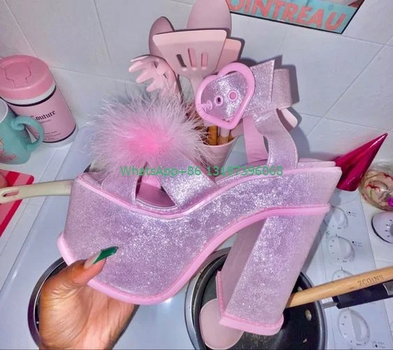 Lady bling pink sequin design platform high heels chunky heel fur pink Mary Jane shoes open toe sandals party punk shoes size 46