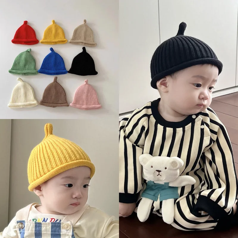 Cute Baby Knitted Pullover Cap 3-24M Kids Solid Color Woolen Hat Boys Girls Toddler Winter Warm Crochet Bonnet Children Beanies