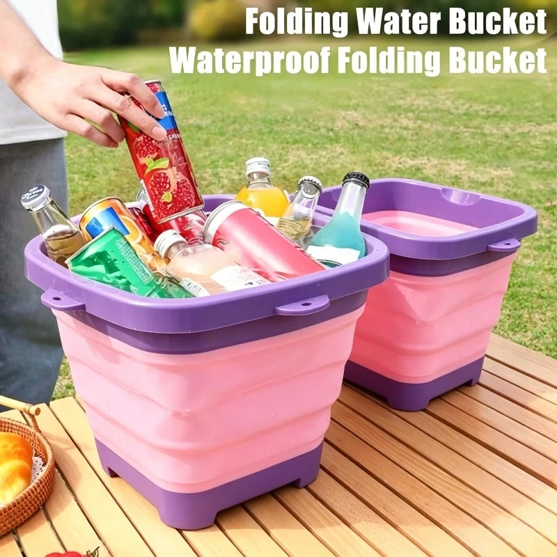 1pc 2L Collapsible Silicone Bucket, Foldable Water Bucket with Handle, Portable Outdoor Camping  Beverage Leakproof Sand Bucket